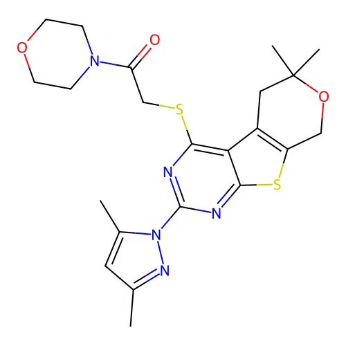 2-((2-(3,5-dimethyl-1H-pyrazol-1-yl)-6,6-dimethyl-6,8-dihydro-5H-pyrano[4',3':4,5]thieno[2,3-d]pyrimidin-4-yl)thio)-1-morpholinoethanone structure