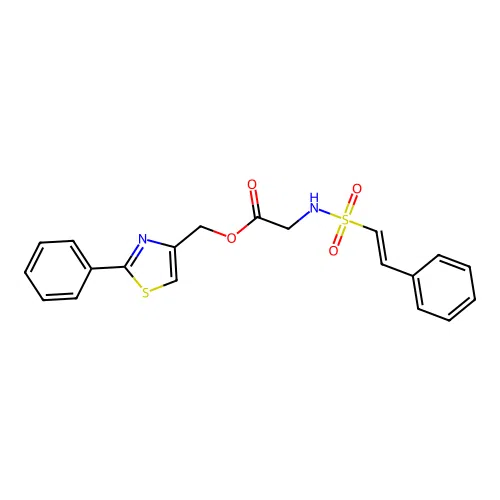 (2-phenyl-1,3-thiazol-4-yl)methyl 2-[[(E)-2-phenylethenyl]sulfonylamino]acetate structure