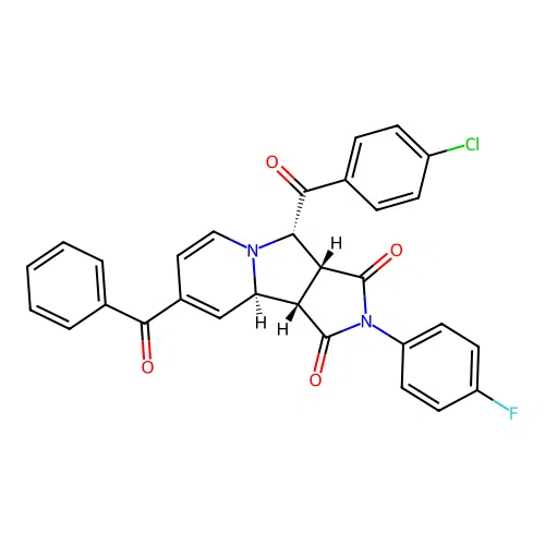 (3aR,4S,9aR,9bS)-4-[(4-chlorophenyl)carbonyl]-2-(4-fluorophenyl)-8-(phenylcarbonyl)-3a,4,9a,9b-tetrahydro-1H-pyrrolo[3,4-a]indolizine-1,3(2H)-dione structure