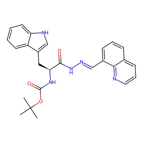 (S,E)-tert-butyl (3-(1H-indol-3-yl)-1-oxo-1-(2-(quinolin-8-ylmethylene)hydrazinyl)propan-2-yl)carbamate structure