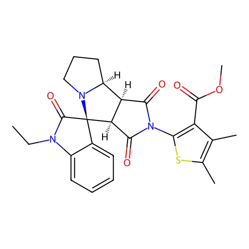 methyl 2-((3S,3a'R,8a'S,8b'S)-1-ethyl-1',2,3'-trioxo-3',3a',6',7',8',8a'-hexahydro-1'H-spiro[indoline-3,4'-pyrrolo[3,4-a]pyrrolizine]-2'(8b'H)-yl)-4,5-dimethylthiophene-3-carboxylate structure