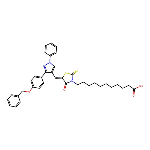 (Z)-11-(5-((3-(4-(benzyloxy)phenyl)-1-phenyl-1H-pyrazol-4-yl)methylene)-4-oxo-2-thioxothiazolidin-3-yl)undecanoic acid structure