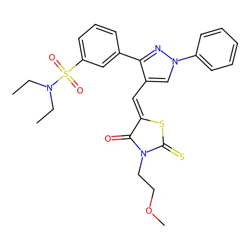N,N-diethyl-3-(4-{(Z)-[3-(2-methoxyethyl)-4-oxo-2-thioxo-1,3-thiazolidin-5-ylidene]methyl}-1-phenyl-1H-pyrazol-3-yl)benzenesulfonamide structure