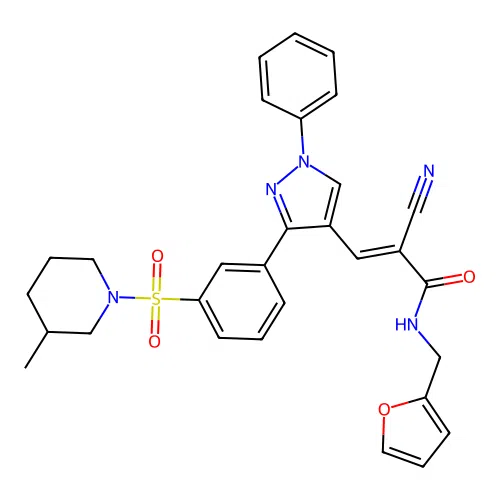 (2E)-2-cyano-N-(furan-2-ylmethyl)-3-(3-{3-[(3-methylpiperidin-1-yl)sulfonyl]phenyl}-1-phenyl-1H-pyrazol-4-yl)prop-2-enamide structure