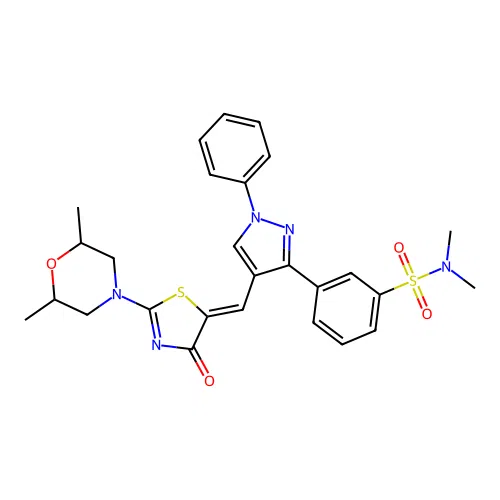 3-(4-{(Z)-[2-(2,6-dimethylmorpholin-4-yl)-4-oxo-1,3-thiazol-5(4H)-ylidene]methyl}-1-phenyl-1H-pyrazol-3-yl)-N,N-dimethylbenzenesulfonamide structure