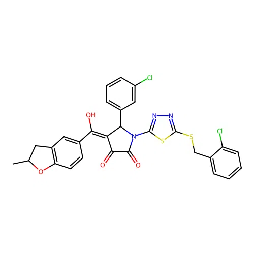 1-(5-((2-chlorobenzyl)thio)-1,3,4-thiadiazol-2-yl)-5-(3-chlorophenyl)-3-hydroxy-4-(2-methyl-2,3-dihydrobenzofuran-5-carbonyl)-1H-pyrrol-2(5H)-one structure