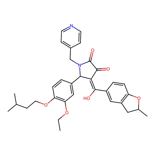 (4E)-5-[3-ethoxy-4-(3-methylbutoxy)phenyl]-4-[hydroxy-(2-methyl-2,3-dihydro-1-benzofuran-5-yl)methylidene]-1-(pyridin-4-ylmethyl)pyrrolidine-2,3-dione structure
