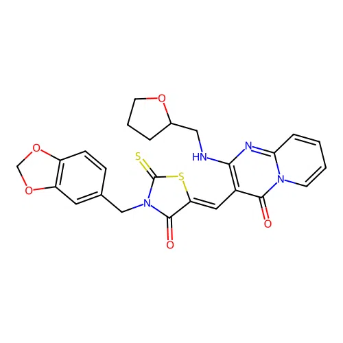 (5Z)-3-(1,3-benzodioxol-5-ylmethyl)-5-[[4-oxo-2-(oxolan-2-ylmethylamino)pyrido[1,2-a]pyrimidin-3-yl]methylidene]-2-sulfanylidene-1,3-thiazolidin-4-one structure