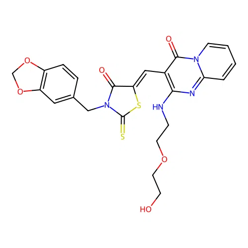 3-{(Z)-[3-(1,3-benzodioxol-5-ylmethyl)-4-oxo-2-thioxo-1,3-thiazolidin-5-ylidene]methyl}-2-{[2-(2-hydroxyethoxy)ethyl]amino}-4H-pyrido[1,2-a]pyrimidin-4-one structure