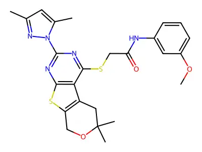 2-[[5-(3,5-dimethylpyrazol-1-yl)-12,12-dimethyl-11-oxa-8-thia-4,6-diazatricyclo[7.4.0.02,7]trideca-1(9),2(7),3,5-tetraen-3-yl]sulfanyl]-N-(3-methoxyphenyl)acetamide structure