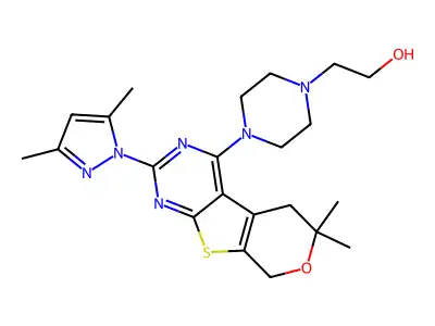2-[4-[5-(3,5-Dimethylpyrazol-1-yl)-12,12-dimethyl-11-oxa-8-thia-4,6-diazatricyclo[7.4.0.02,7]trideca-1(9),2,4,6-tetraen-3-yl]piperazin-1-yl]ethanol structure