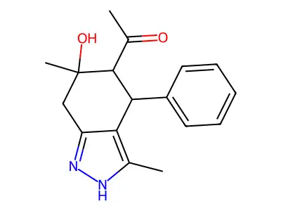 1-(6-hydroxy-3,6-dimethyl-4-phenyl-4,5,6,7-tetrahydro-2H-indazol-5-yl)ethanone structure