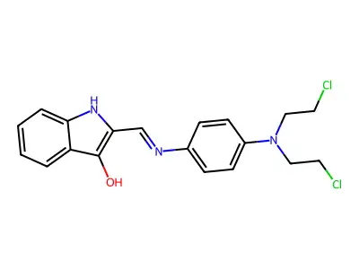 2-(((p-(Bis(2-chloroethyl)amino)phenyl)imino)methyl)indol-3-ol structure