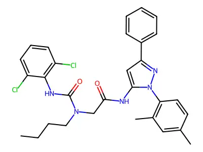 2-[Butyl[[(2,6-dichlorophenyl)amino]carbonyl]amino]-N-[1-(2,4-dimethylphenyl)-3-phenyl-1H-pyrazol-5-yl]acetamide structure