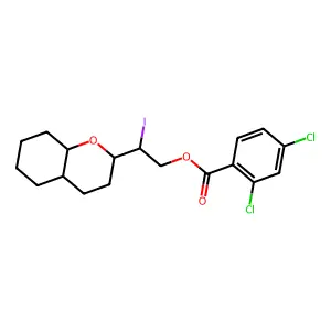 Benzoic acid, 2,4-dichloro-, 2-iodo-2-(octahydro-2H-1-benzopyran-2-yl)ethyl ester, (2alpha(S*),4aalpha,8abeta)- structure