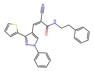 (Z)-2-Cyano-N-(2-phenylethyl)-3-(1-phenyl-3-thiophen-2-ylpyrazol-4-yl)prop-2-enamide structure