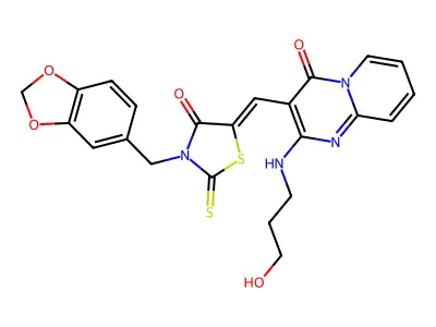 3-{[3-(1,3-benzodioxol-5-ylmethyl)-4-oxo-2-thioxo-1,3-thiazolidin-5-ylidene]methyl}-2-[(3-hydroxypropyl)amino]-4H-pyrido[1,2-a]pyrimidin-4-one structure