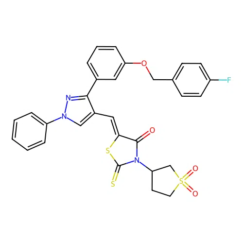 (5Z)-3-(1,1-dioxothiolan-3-yl)-5-[[3-[3-[(4-fluorophenyl)methoxy]phenyl]-1-phenylpyrazol-4-yl]methylidene]-2-sulfanylidene-1,3-thiazolidin-4-one structure