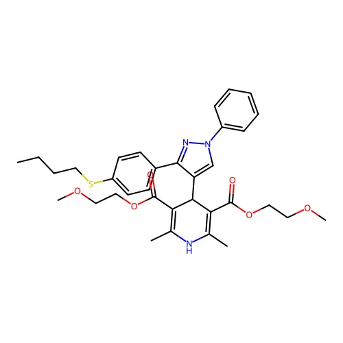 bis(2-methoxyethyl) 4-[3-(4-butylsulfanylphenyl)-1-phenylpyrazol-4-yl]-2,6-dimethyl-1,4-dihydropyridine-3,5-dicarboxylate structure