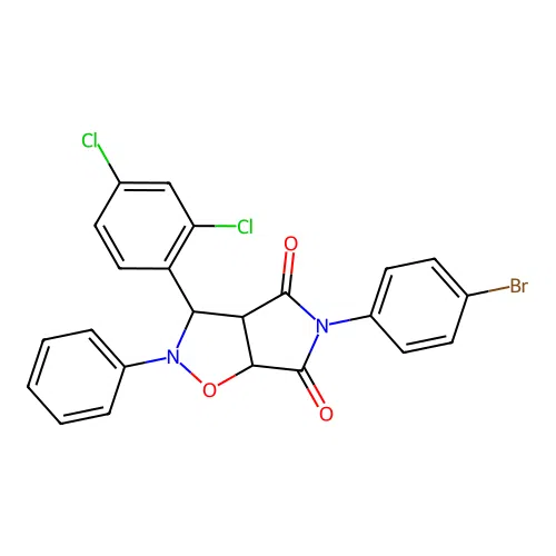 3-(4-bromophenyl)-8-(2,4-dichlorophenyl)-7-phenyl-6-oxa-3,7-diazabicyclo[3.3.0]octane-2,4-dione structure