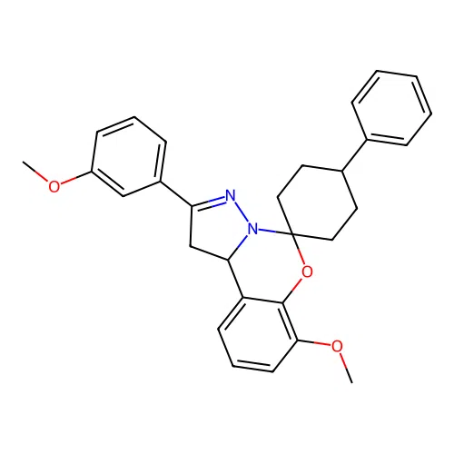 7'-methoxy-2'-(3-methoxyphenyl)-4-phenyl-1',10b'-dihydrospiro[cyclohexane-1,5'-pyrazolo[1,5-c][1,3]benzoxazine] structure