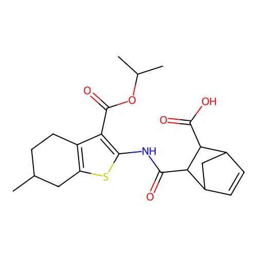 3-({6-methyl-3-[(propan-2-yloxy)carbonyl]-4,5,6,7-tetrahydro-1-benzothiophen-2-yl}carbamoyl)bicyclo[2.2.1]hept-5-ene-2-carboxylic acid structure
