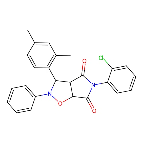 3-(2-chlorophenyl)-8-(2,4-dimethylphenyl)-7-phenyl-6-oxa-3,7-diazabicyclo[3.3.0]octane-2,4-dione structure