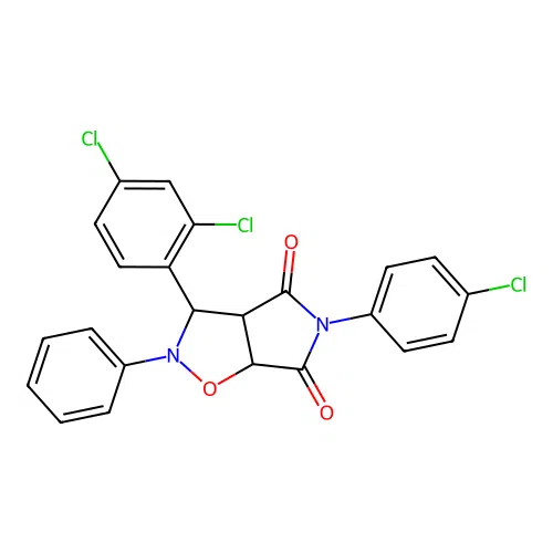 3-(4-chlorophenyl)-8-(2,4-dichlorophenyl)-7-phenyl-6-oxa-3,7-diazabicyclo[3.3.0]octane-2,4-dione structure