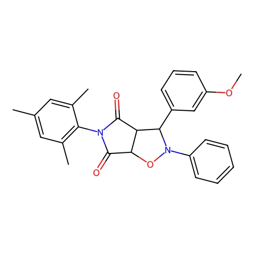 3-(3-methoxyphenyl)-2-phenyl-5-(2,4,6-trimethylphenyl)-3a,6a-dihydro-3H-pyrrolo[3,4-d][1,2]oxazole-4,6-dione structure