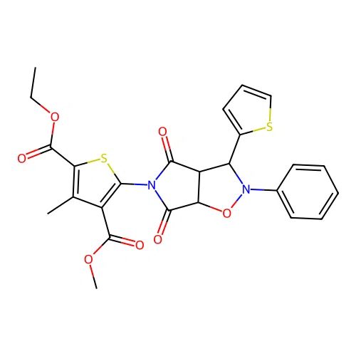 2-ethyl 4-methyl 5-(4,6-dioxo-2-phenyl-3-(thiophen-2-yl)tetrahydro-2H-pyrrolo[3,4-d]isoxazol-5(3H)-yl)-3-methylthiophene-2,4-dicarboxylate structure