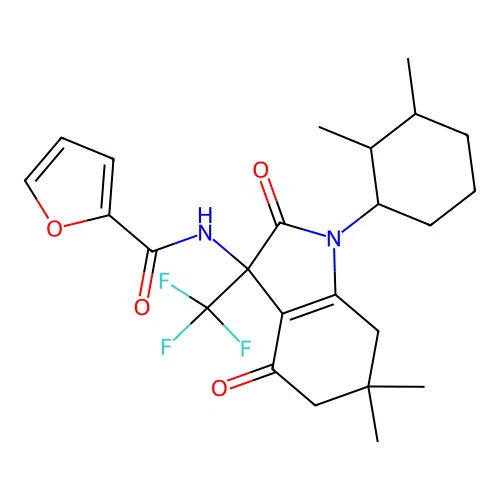 N-(1-(2,3-dimethylcyclohexyl)-6,6-dimethyl-2,4-dioxo-3-(trifluoromethyl)-2,3,4,5,6,7-hexahydro-1H-indol-3-yl)furan-2-carboxamide structure