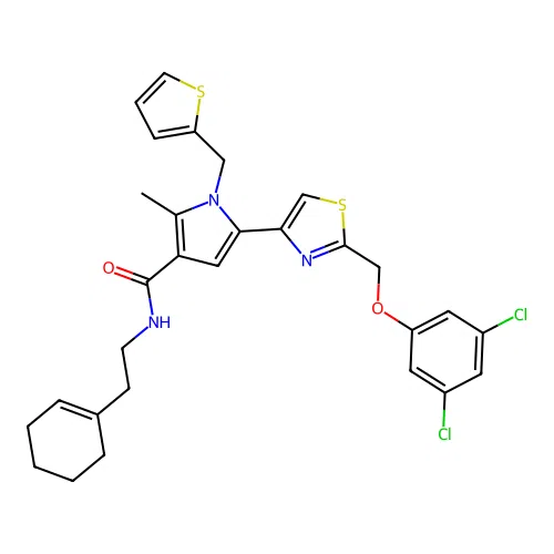 N-[2-(cyclohexen-1-yl)ethyl]-5-[2-[(3,5-dichlorophenoxy)methyl]-1,3-thiazol-4-yl]-2-methyl-1-(thiophen-2-ylmethyl)pyrrole-3-carboxamide structure
