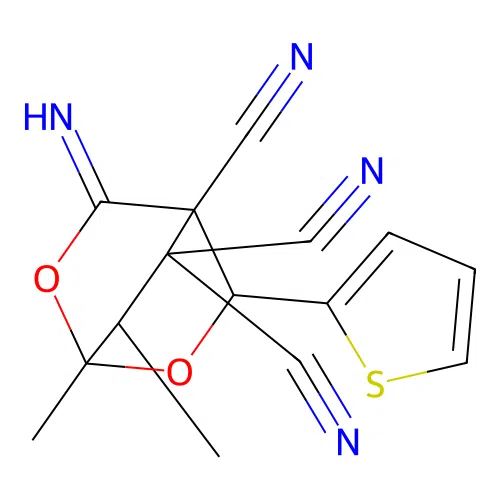 3-imino-1,7-dimethyl-5-(thiophen-2-yl)-2,6-dioxabicyclo[2.2.2]octane-4,8,8-tricarbonitrile structure