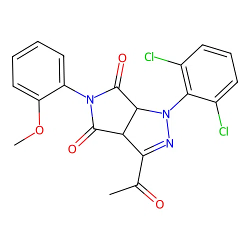 3-acetyl-1-(2,6-dichlorophenyl)-5-(2-methoxyphenyl)-1,6a-dihydropyrrolo[3,4-c]pyrazole-4,6(3aH,5H)-dione structure