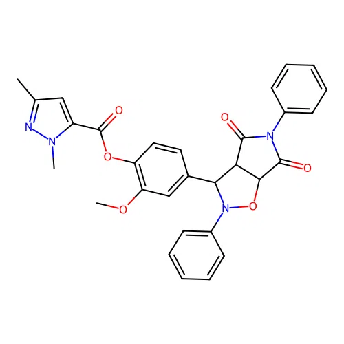 [4-(4,6-dioxo-2,5-diphenyl-3a,6a-dihydro-3H-pyrrolo[3,4-d][1,2]oxazol-3-yl)-2-methoxyphenyl] 2,5-dimethylpyrazole-3-carboxylate structure
