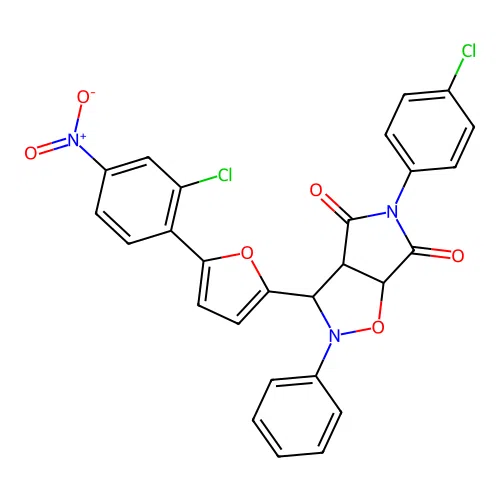 3-(5-(2-chloro-4-nitrophenyl)furan-2-yl)-5-(4-chlorophenyl)-2-phenyldihydro-2H-pyrrolo[3,4-d]isoxazole-4,6(5H,6aH)-dione structure