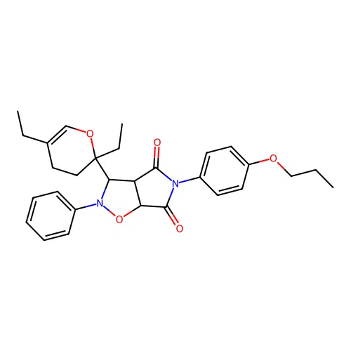 3-(2,5-diethyl-3,4-dihydro-2H-pyran-2-yl)-2-phenyl-5-(4-propoxyphenyl)dihydro-2H-pyrrolo[3,4-d]isoxazole-4,6(5H,6aH)-dione structure