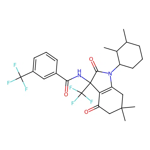 N-(1-(2,3-dimethylcyclohexyl)-6,6-dimethyl-2,4-dioxo-3-(trifluoromethyl)-2,3,4,5,6,7-hexahydro-1H-indol-3-yl)-3-(trifluoromethyl)benzamide structure