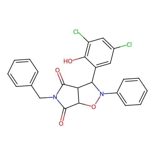 3-benzyl-8-(3,5-dichloro-2-hydroxy-phenyl)-7-phenyl-6-oxa-3,7-diazabicyclo[3.3.0]octane-2,4-dione structure