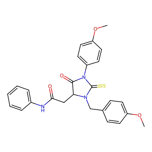 2-[3-(4-methoxybenzyl)-1-(4-methoxyphenyl)-5-oxo-2-thioxoimidazolidin-4-yl]-N-phenylacetamide structure