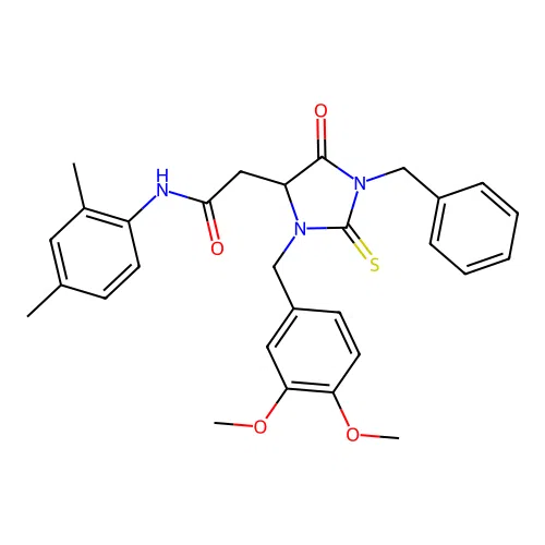 2-[1-benzyl-3-(3,4-dimethoxybenzyl)-5-oxo-2-thioxoimidazolidin-4-yl]-N-(2,4-dimethylphenyl)acetamide structure