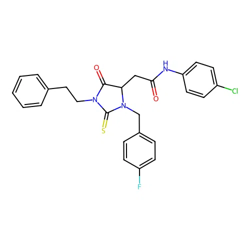 N-(4-chlorophenyl)-2-[3-(4-fluorobenzyl)-5-oxo-1-(2-phenylethyl)-2-thioxoimidazolidin-4-yl]acetamide structure