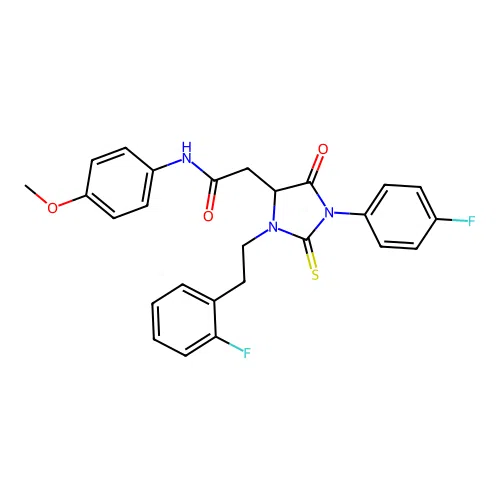 2-[1-(4-fluorophenyl)-3-[2-(2-fluorophenyl)ethyl]-5-oxo-2-sulfanylideneimidazolidin-4-yl]-N-(4-methoxyphenyl)acetamide structure