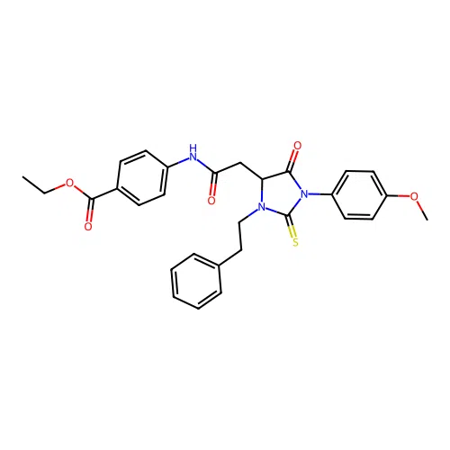ethyl 4-({[1-(4-methoxyphenyl)-5-oxo-3-(2-phenylethyl)-2-thioxoimidazolidin-4-yl]acetyl}amino)benzoate structure