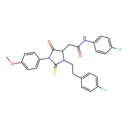 N-(4-fluorophenyl)-2-{3-[2-(4-fluorophenyl)ethyl]-1-(4-methoxyphenyl)-5-oxo-2-thioxoimidazolidin-4-yl}acetamide structure