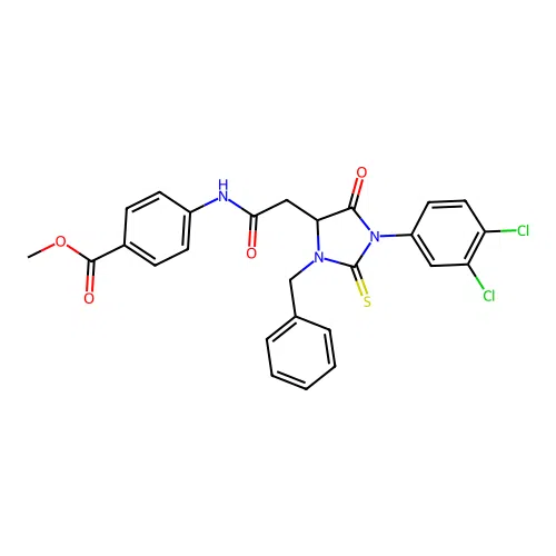 methyl 4-({[3-benzyl-1-(3,4-dichlorophenyl)-5-oxo-2-thioxoimidazolidin-4-yl]acetyl}amino)benzoate structure