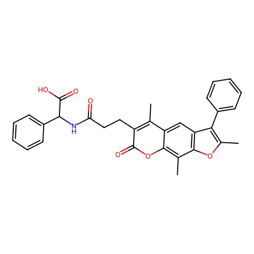 2-phenyl-2-(3-(2,5,9-trimethyl-7-oxo-3-phenyl-7H-furo[3,2-g]chromen-6-yl)propanamido)acetic acid structure