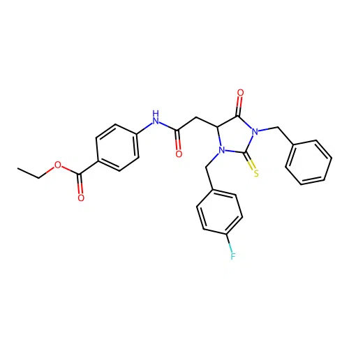 ethyl 4-({[1-benzyl-3-(4-fluorobenzyl)-5-oxo-2-thioxoimidazolidin-4-yl]acetyl}amino)benzoate structure