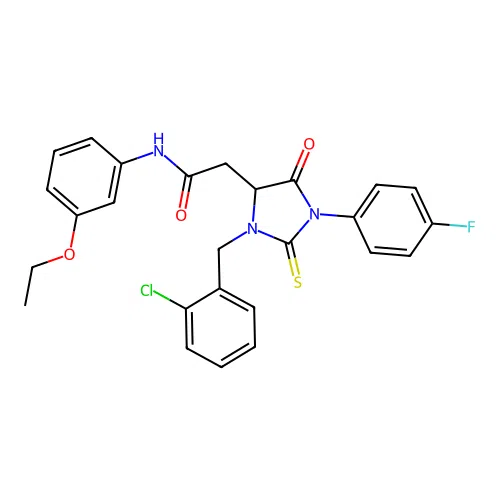 2-[3-(2-chlorobenzyl)-1-(4-fluorophenyl)-5-oxo-2-thioxoimidazolidin-4-yl]-N-(3-ethoxyphenyl)acetamide structure