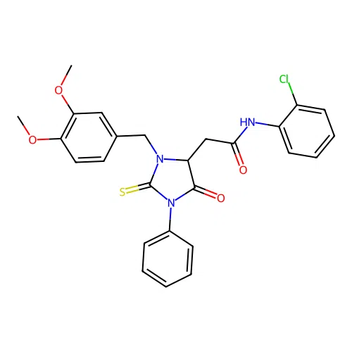 N-(2-chlorophenyl)-2-[3-(3,4-dimethoxybenzyl)-5-oxo-1-phenyl-2-thioxoimidazolidin-4-yl]acetamide structure